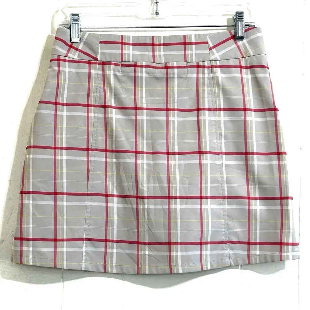 Oakley Women's Skort Size 4 Tan Pink Athletic Plaid Golf Tennis Skort Pockets